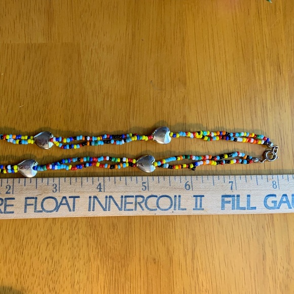 Hand-strung multicolor seed bead two strand necklace with silver tone hearts - Picture 4 of 4